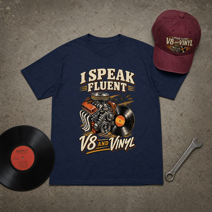 A navy blue graphic t-shirt with a vintage-style engine and vinyl record design, styled in a flat lay on a textured gray background alongside a maroon baseball cap, a black vinyl record, and a wrench. The t-shirt reads 'I SPEAK FLUENT V8 AND VINYL'.