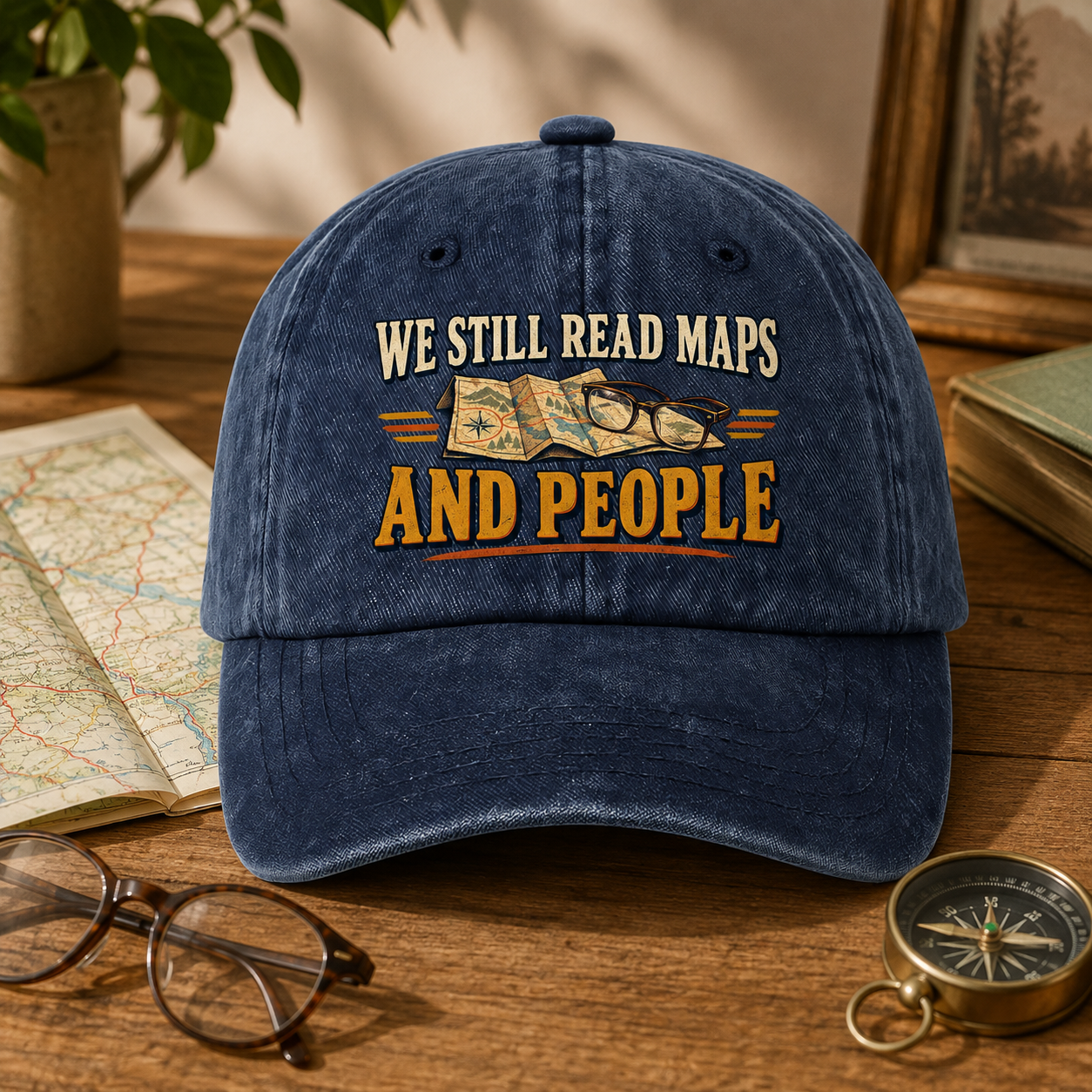 the "We Still Read Maps And People" vintage washed cap as the center of the frame on a table beside a folded road map, reading glasses, and a compass, no person in frame