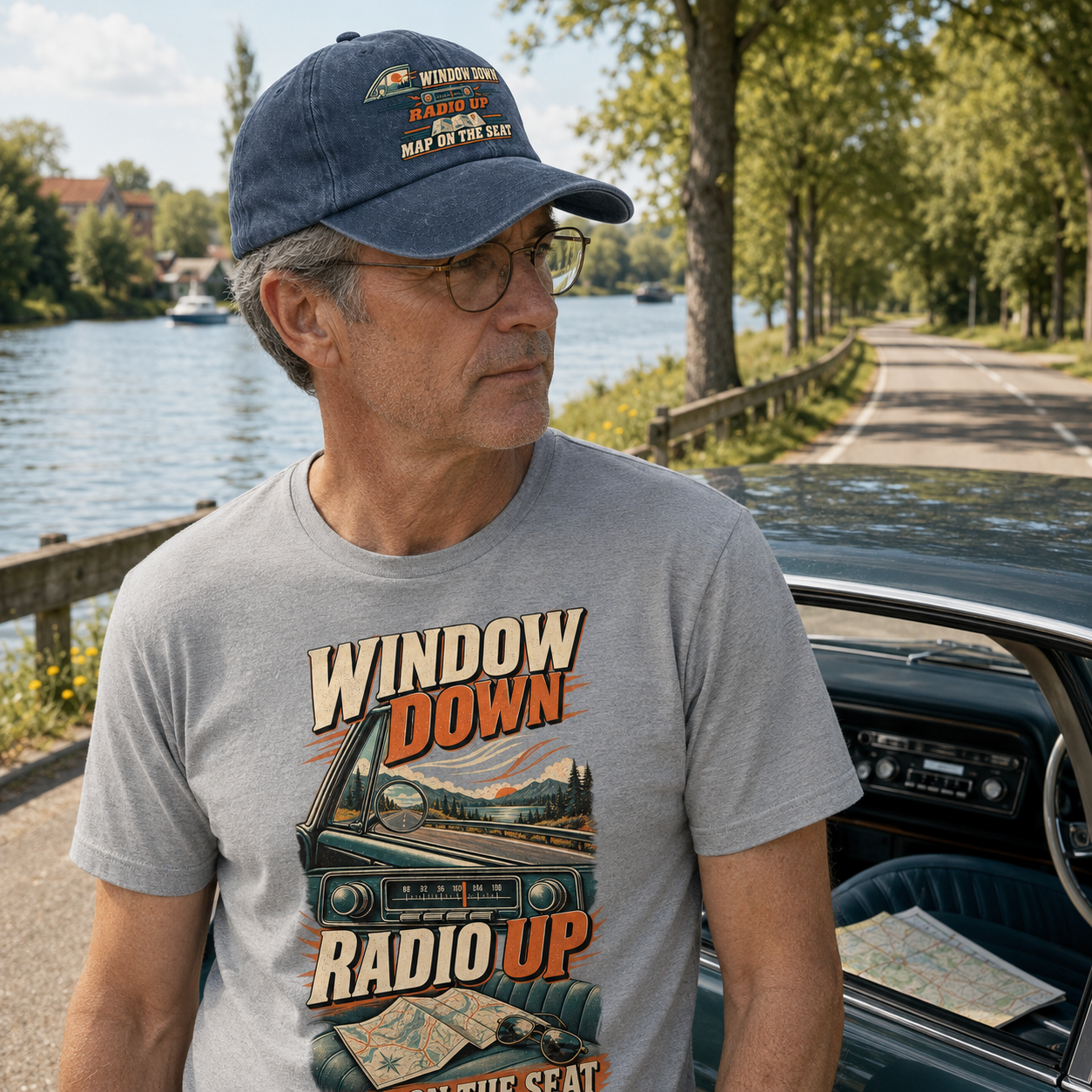 "Window Down Radio Up. Map On The Seat" Vintage Washed Cap