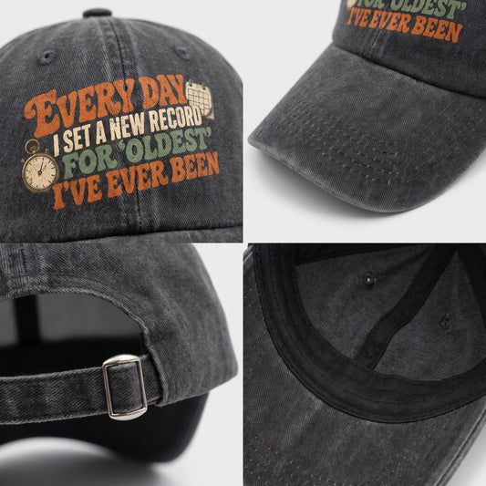 Black cap detail collage showing printed graphic, brim, crown, and buckle