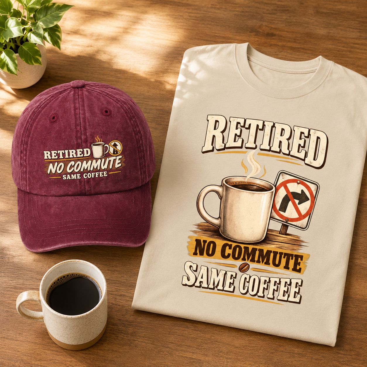 "Retired. No Commute Same Coffee" Vintage Washed Cap