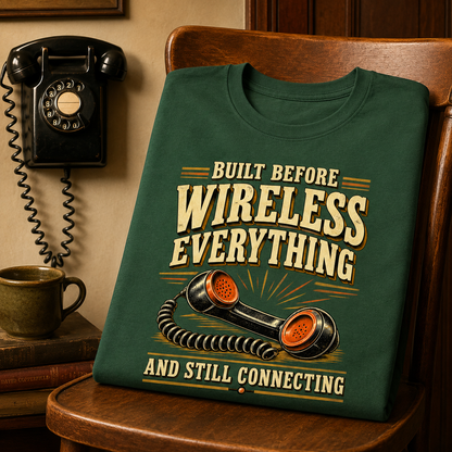 A dark green graphic t-shirt is folded and displayed on a wooden chair. The shirt features a retro-style cream and orange graphic with the text 'BUILT BEFORE WIRELESS EVERYTHING AND STILL CONNECTING' and an illustration of a vintage rotary phone.