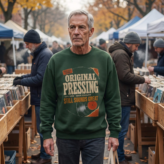 Vintage sweatshirt with Original Pressing Still Sounds Great printed vinyl graphic