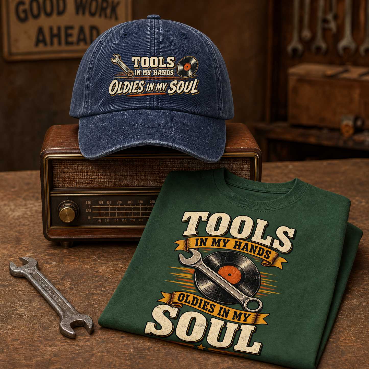 A folded dark green graphic T-shirt and a blue baseball cap both display the slogan “TOOLS IN MY HANDS OLDIES IN MY SOUL” with a vinyl record and wrench design. The cap sits on a vintage radio, and the shirt is laid on a wooden table with a wrench nearby in a workshop-style setting.