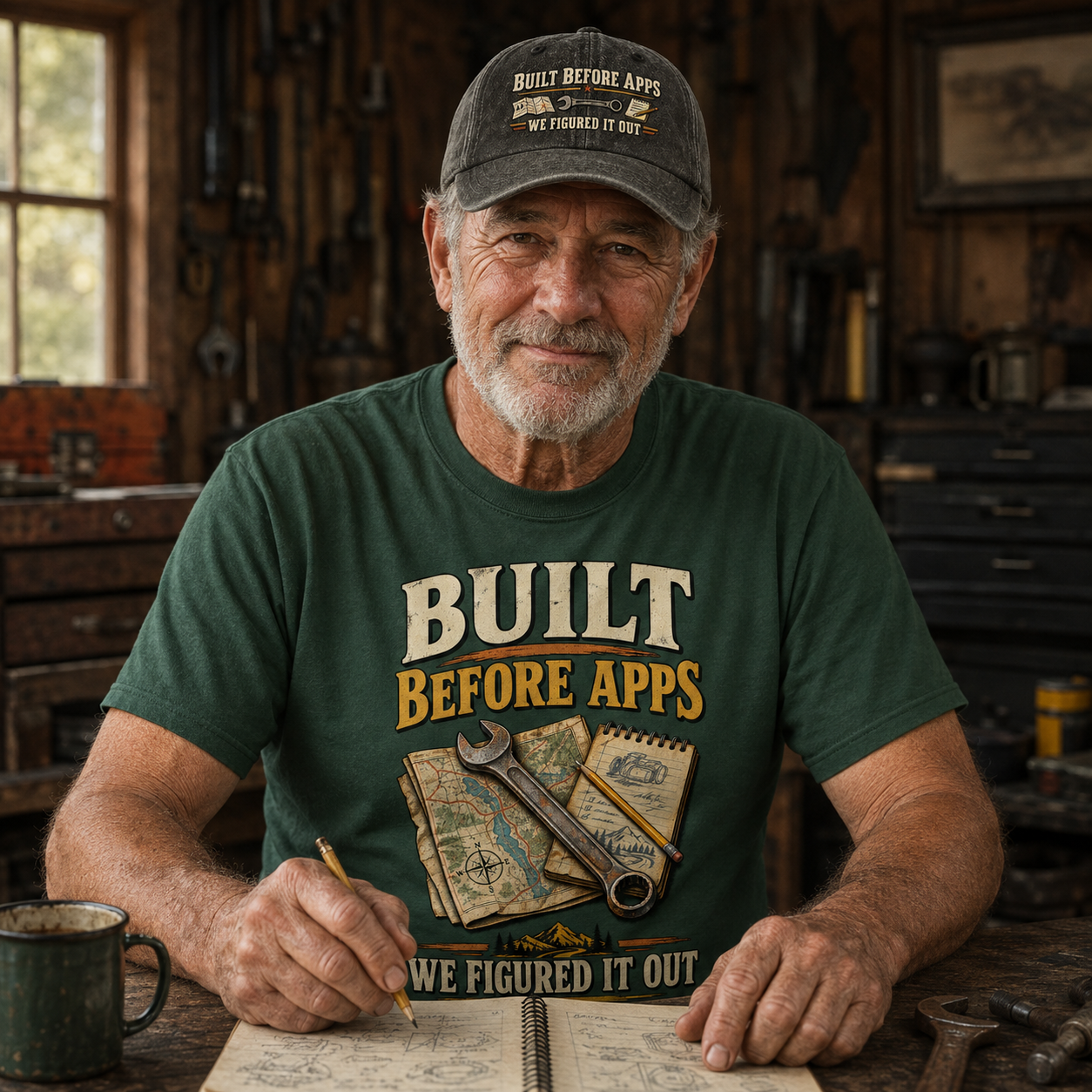 An older man sits at a wooden table in a workshop wearing a dark green graphic T-shirt and a matching baseball cap. The shirt reads 'BUILT BEFORE APPS BEFORE APPS WE FIGURED IT OUT' with an illustration of a map, notebook, wrench, and pencil.