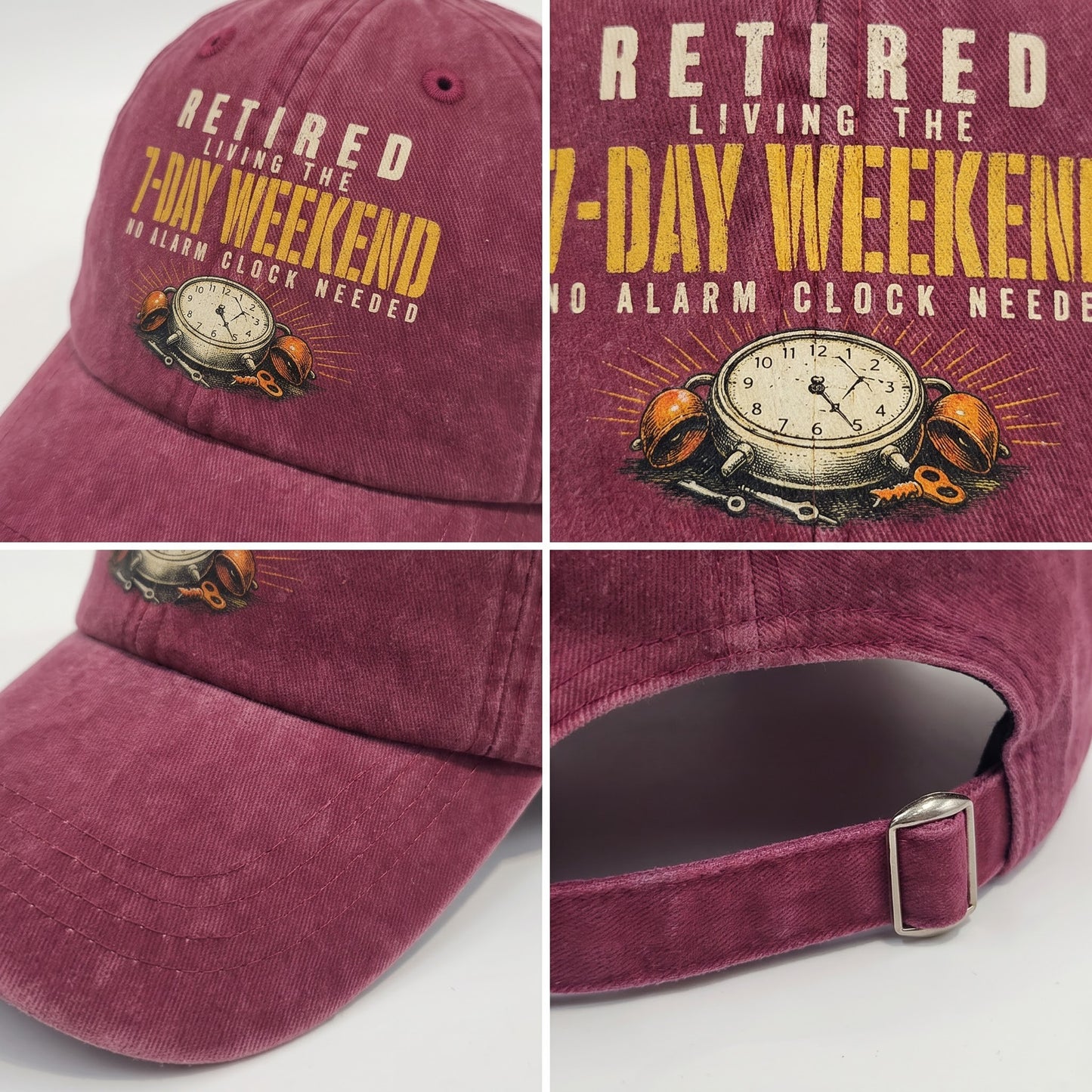 "Retired. Living the 7-Day Weekend. No Alarm Clock Needed" Vintage Washed Cap