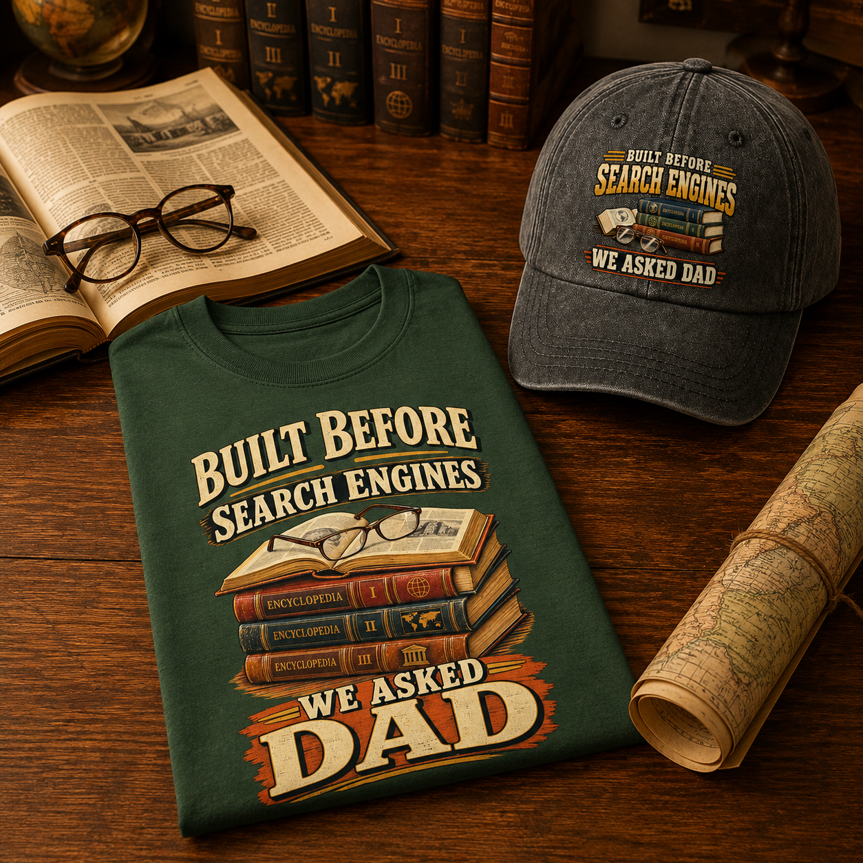 A dark green graphic T-shirt and a gray baseball cap, both printed with the phrase 'BUILT BEFORE SEARCH ENGINES WE ASKED DAD' above an illustration of books and glasses, arranged on a wooden table with an open book, eyeglasses, and a rolled map.