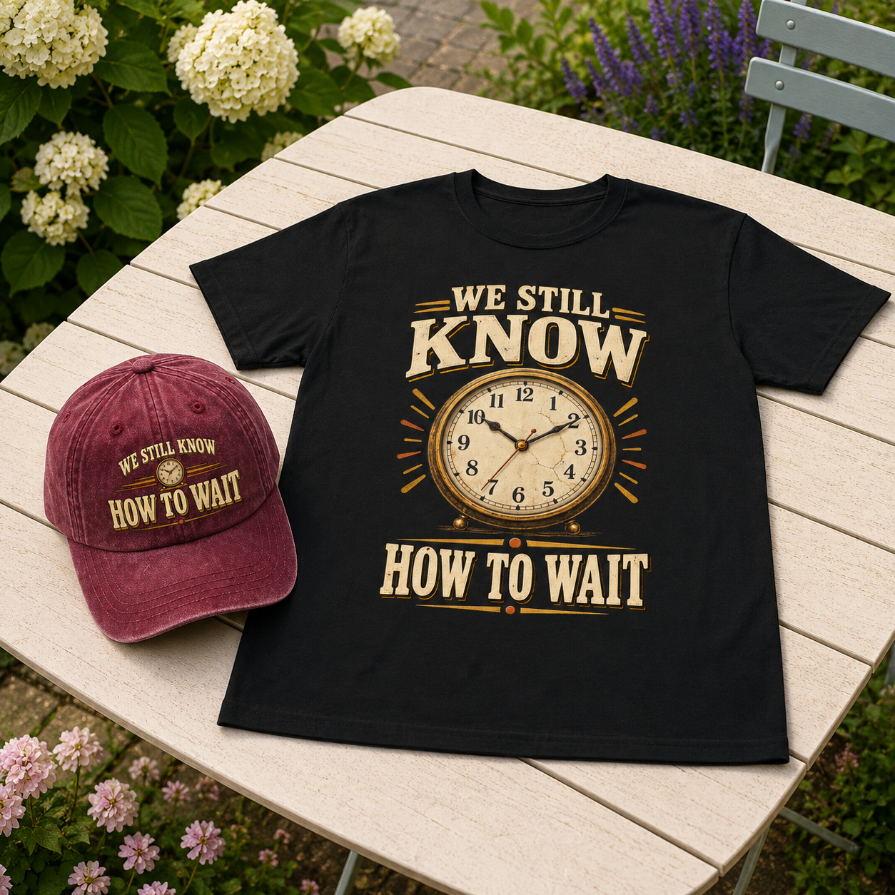 A black graphic T-shirt and a burgundy baseball cap displayed on a light wood table outdoors. The shirt features a large clock graphic and the text 'WE STILL KNOW HOW TO WAIT', matching the cap's text.