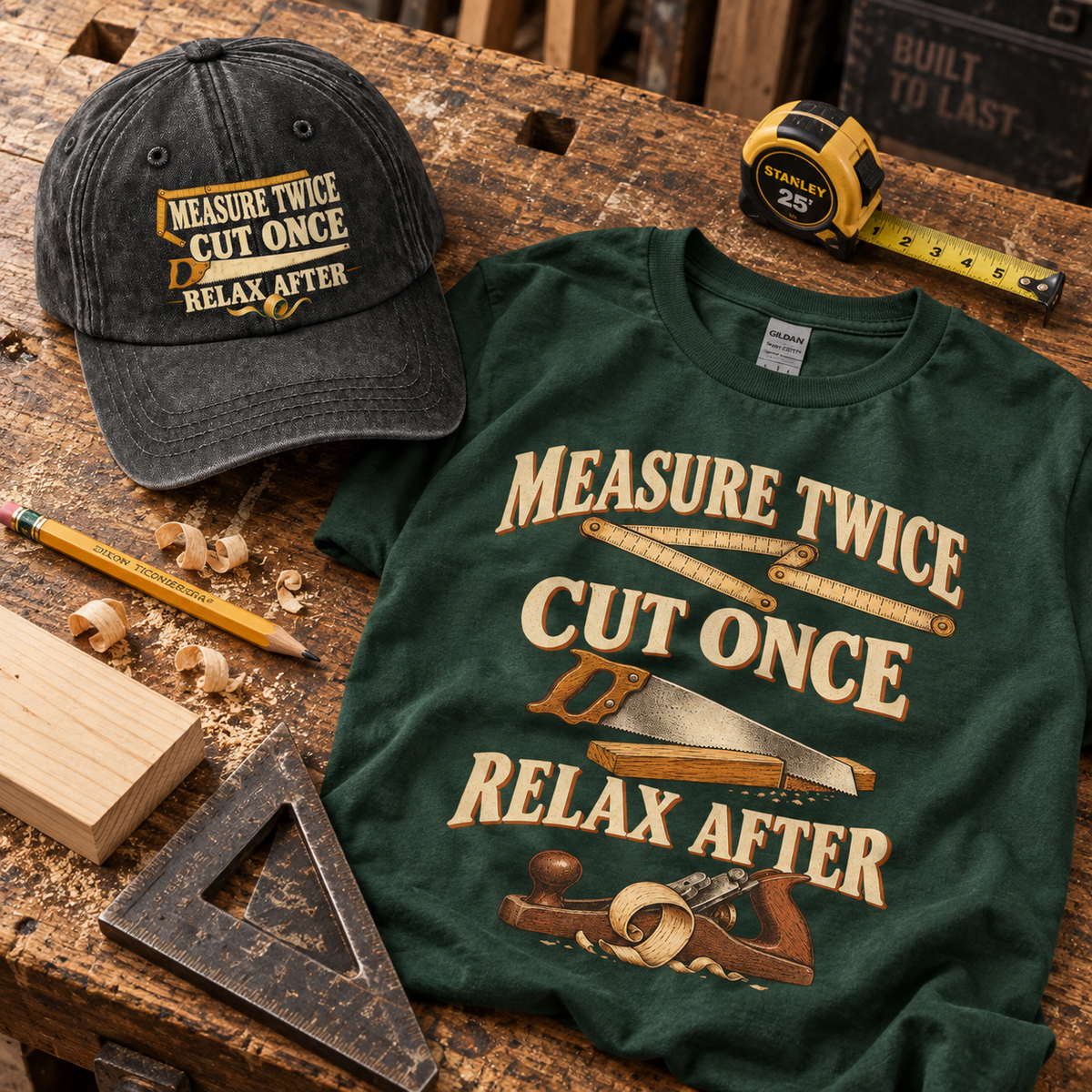 "Measure Twice Cut Once. Relax After" Vintage Washed Cap