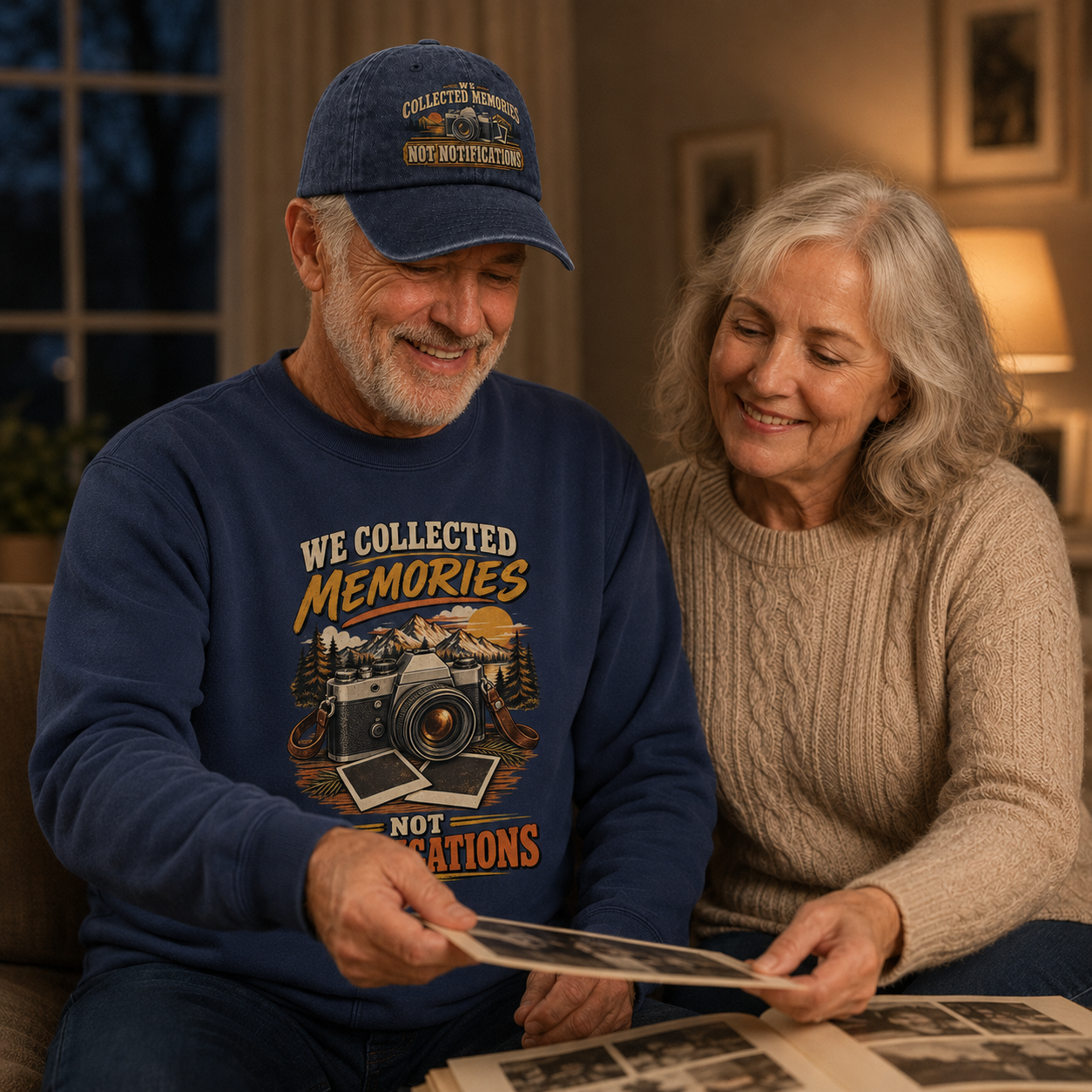 An older couple sitting together in a warmly lit living room, looking at a photo album. The man wears a navy blue crewneck sweatshirt with a graphic print that reads 'WE COLLECTED MEMORIES NOT LOCATIONS' and a matching navy baseball cap.