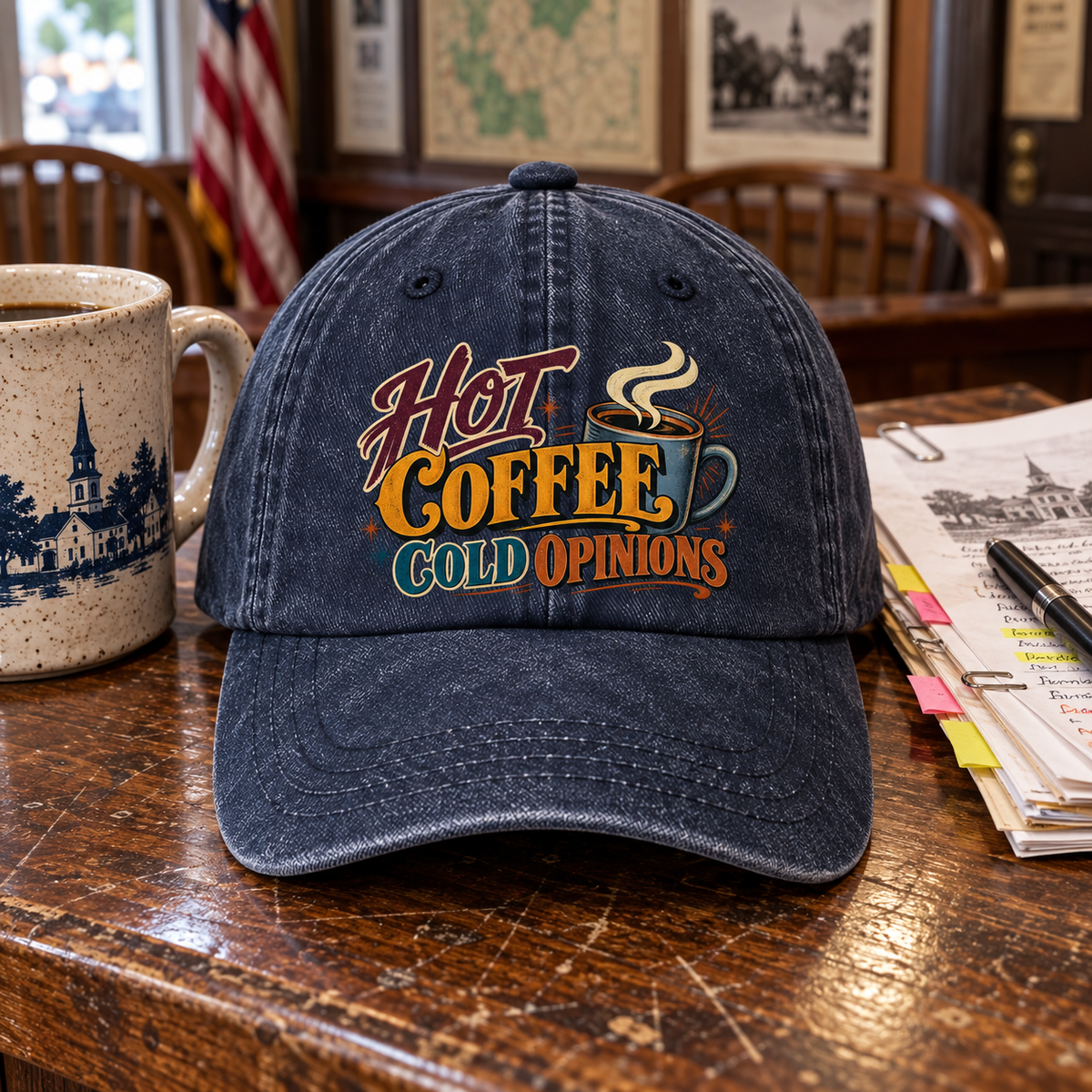 "Hot Coffee. Cold Opinions" Vintage Washed Cap