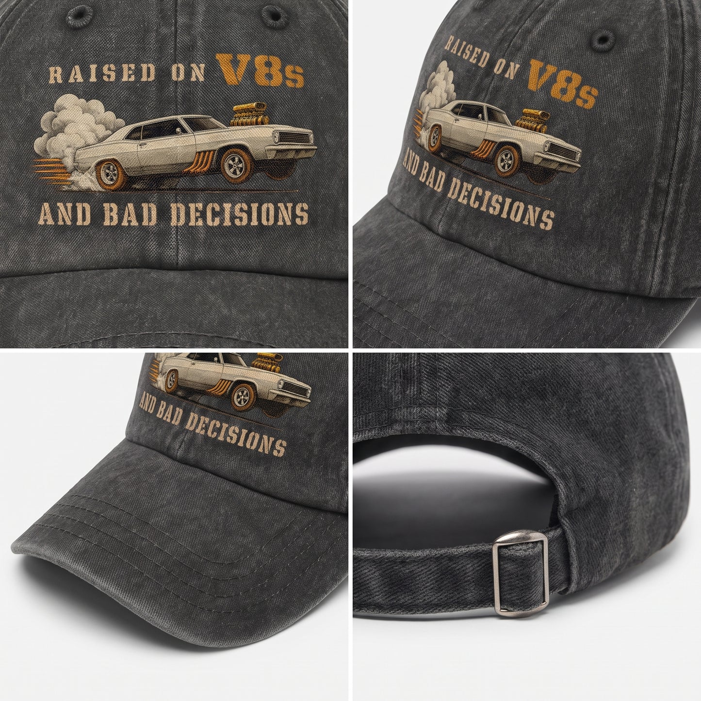 "Raised on V8s and Bad Decisions" Vintage Washed Cap
