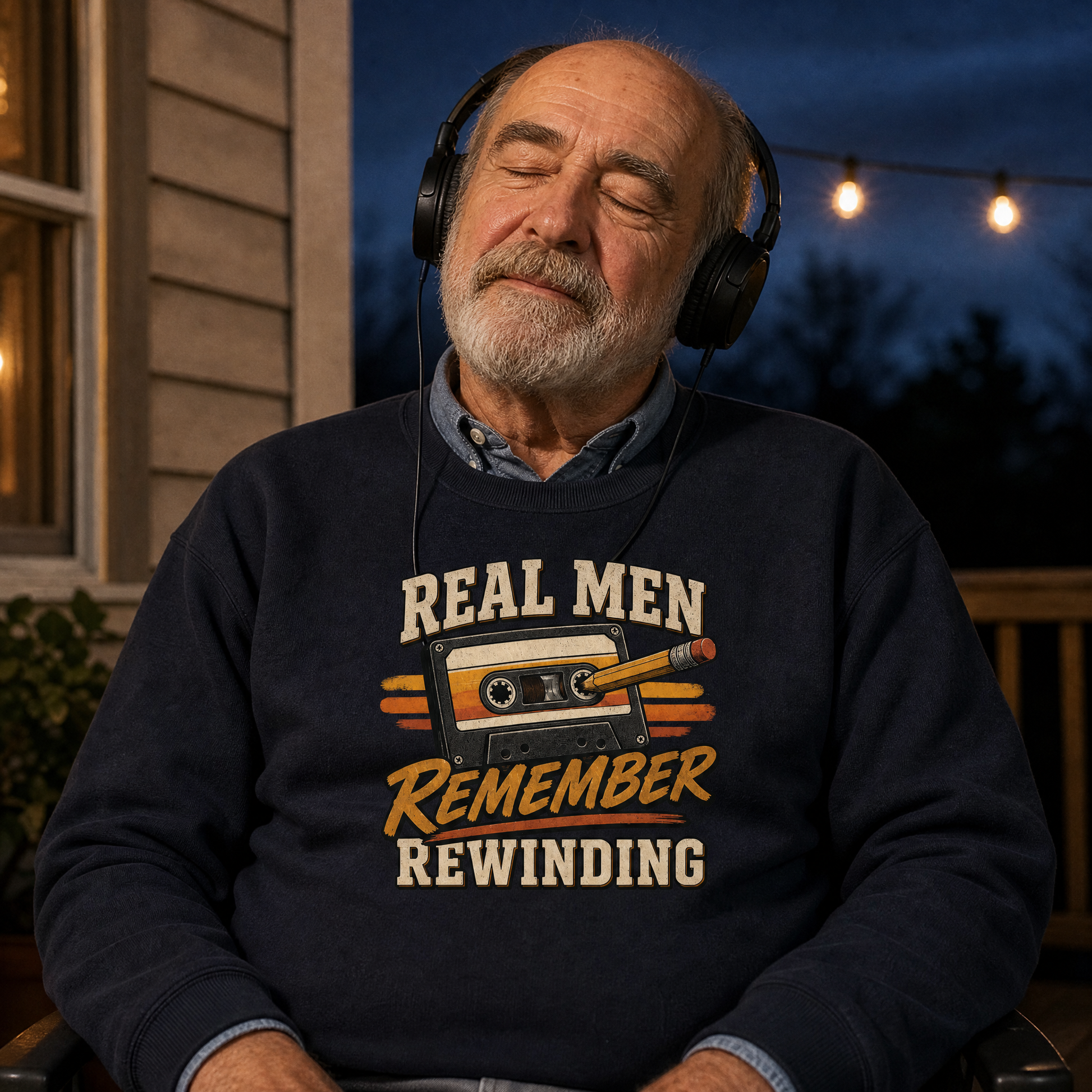 An older man with a gray beard and bald head wearing black over-ear headphones sits outdoors at night, eyes closed, wearing a navy blue crewneck sweatshirt with a retro cassette graphic and the text 'REAL MEN REMEMBER REWINDING'.