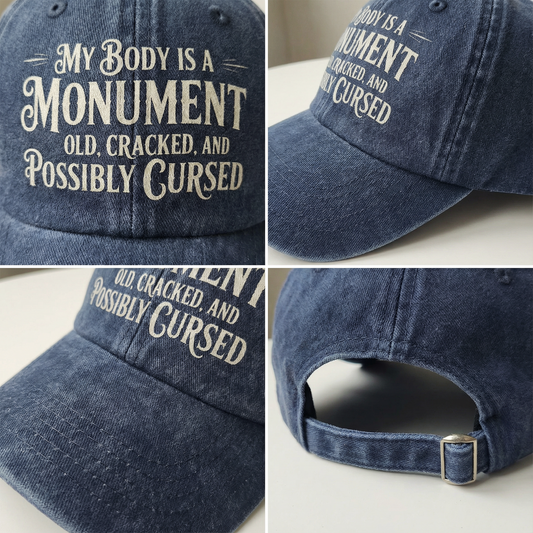“My Body Is a Monument. Old, Cracked, and Possibly Cursed.” Gothic Humor Script Cap