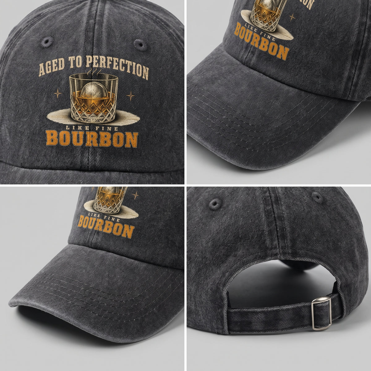 Black bourbon cap detail collage showing printed front design, brim, and back strap