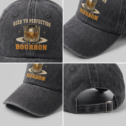 Black bourbon cap detail collage showing printed front design, brim, and back strap