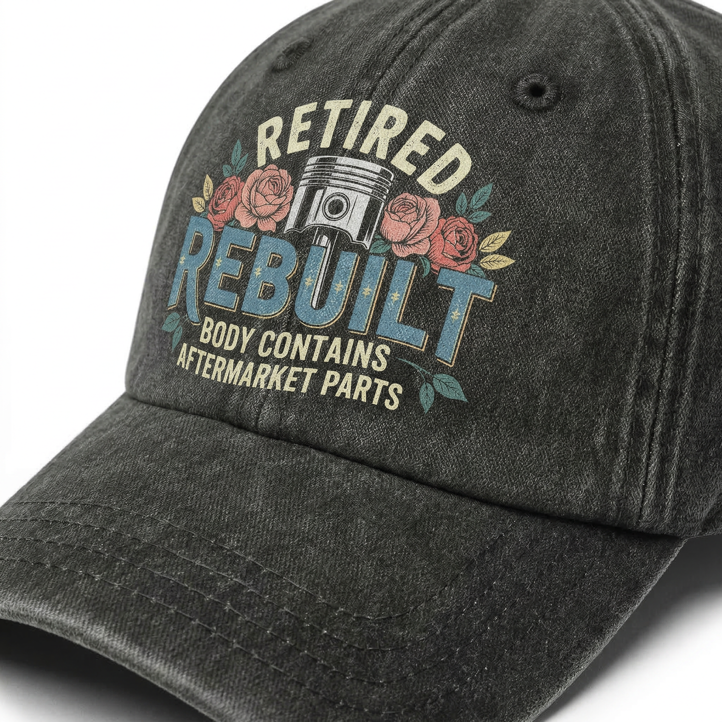 "Retired Rebuilt Body Contains Aftermarket Parts" Vintage Washed Cap