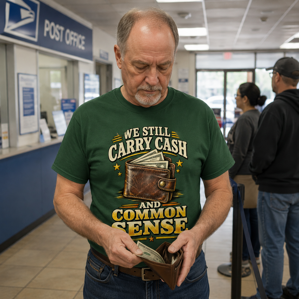 A man in a post office wearing a green graphic t-shirt that reads 'WE STILL CARRY CASH AND COMMON SENSE' with a wallet illustration, holding a brown leather wallet and counting cash.