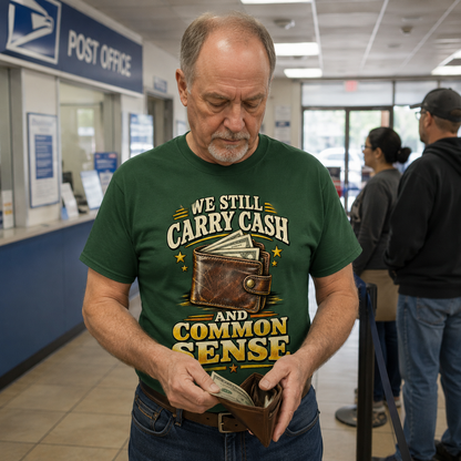A man in a post office wearing a green graphic t-shirt that reads 'WE STILL CARRY CASH AND COMMON SENSE' with a wallet illustration, holding a brown leather wallet and counting cash.
