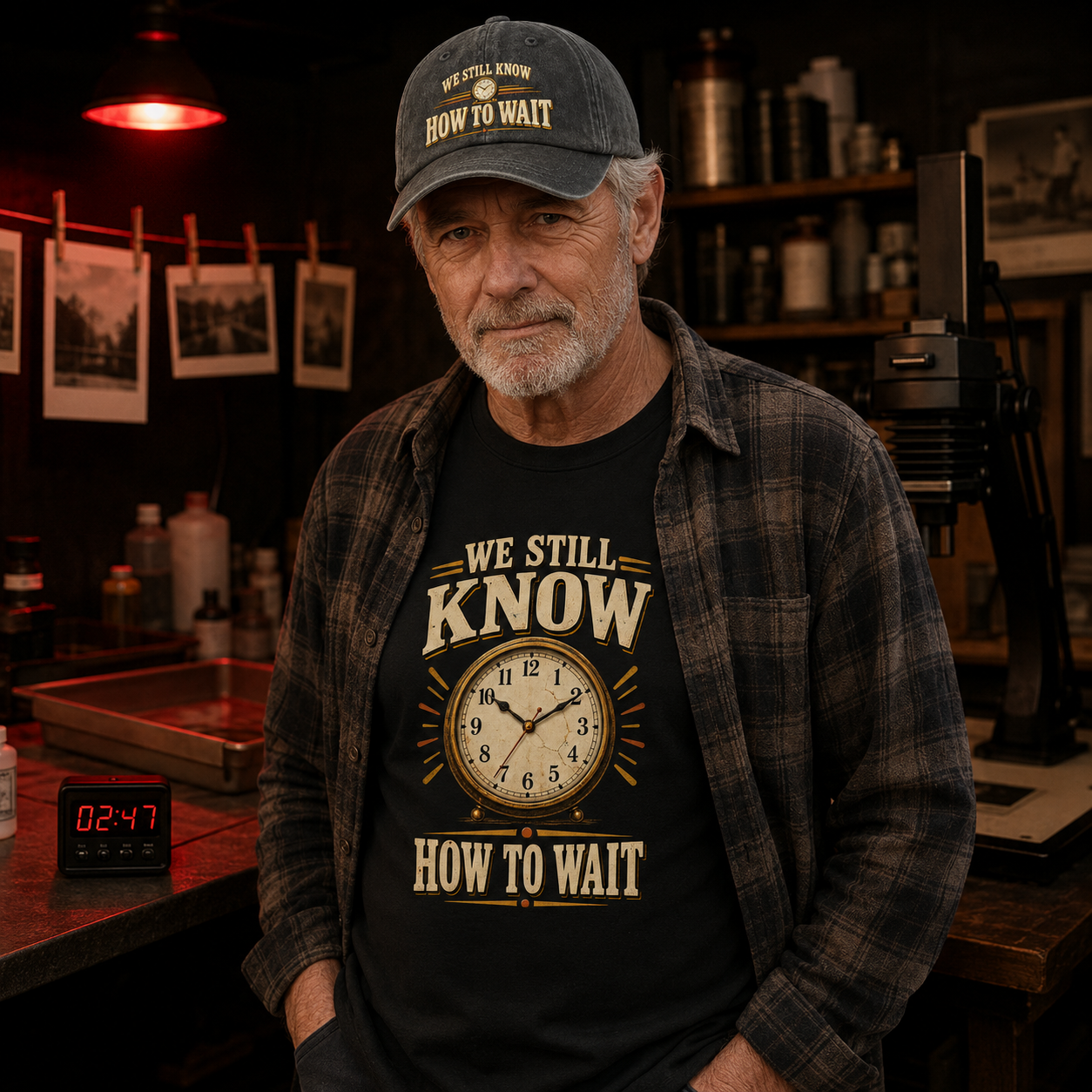 An older man wearing a black graphic t-shirt and a matching baseball cap stands in a dimly lit workshop or studio. The t-shirt features a vintage-style clock graphic and the text 'WE STILL KNOW HOW TO WAIT'.