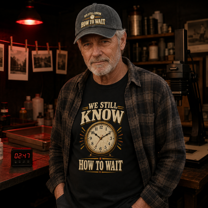 An older man wearing a black graphic t-shirt and a matching baseball cap stands in a dimly lit workshop or studio. The t-shirt features a vintage-style clock graphic and the text 'WE STILL KNOW HOW TO WAIT'.