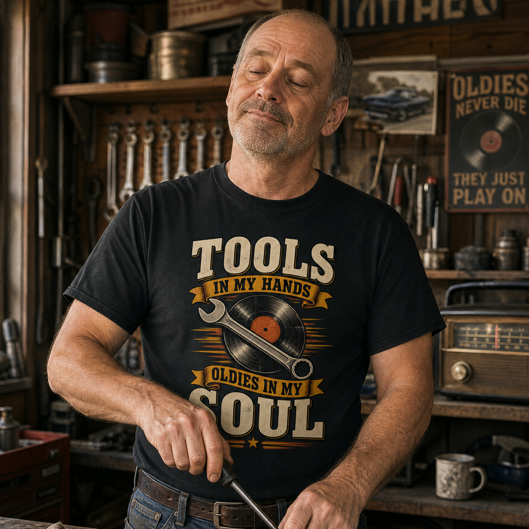 A man in a workshop wearing a black graphic t-shirt with the text 'TOOLS IN MY HANDS, OLDIES IN MY SOUL' and a wrench-and-record design. He is working on a mechanical part on a workbench, surrounded by tools and vintage radio equipment.