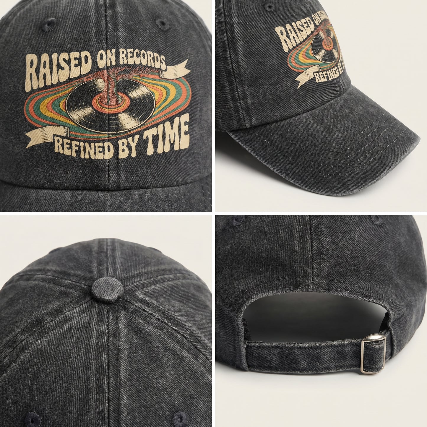 "Raised On Records. Refined By Time" Retro Music Washed Cap