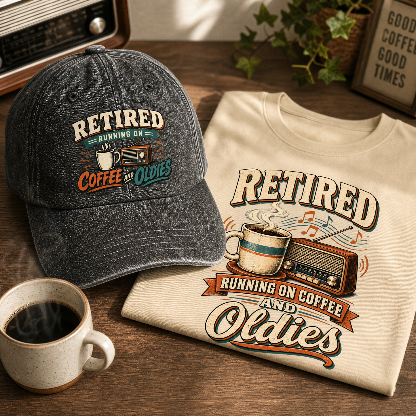 "Retired. Running On Coffee And Oldies" Vintage Washed Cap