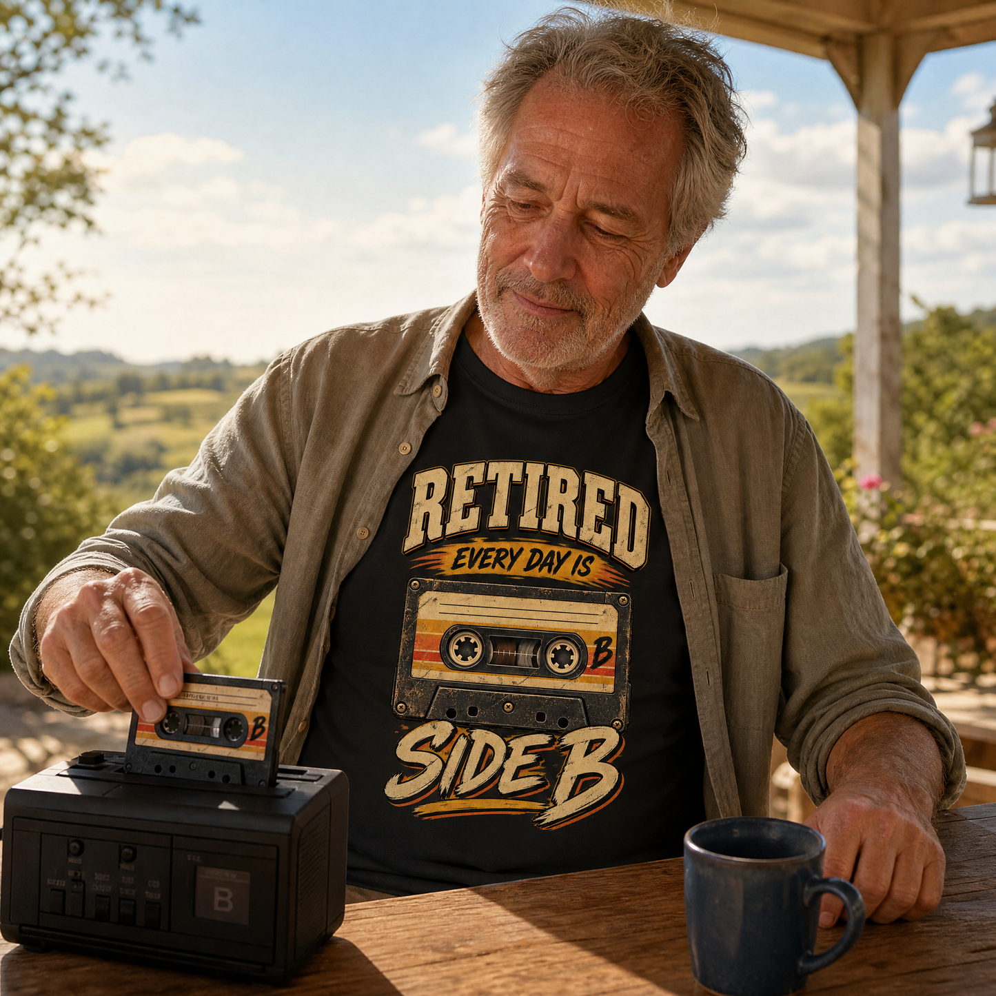 A man sitting at a wooden table outdoors under a covered porch, wearing a graphic t-shirt that reads 'RETired EVERY DAY IS Side B' with a cassette tape design. He is interacting with a vintage-style black radio on the table next to a blue mug.