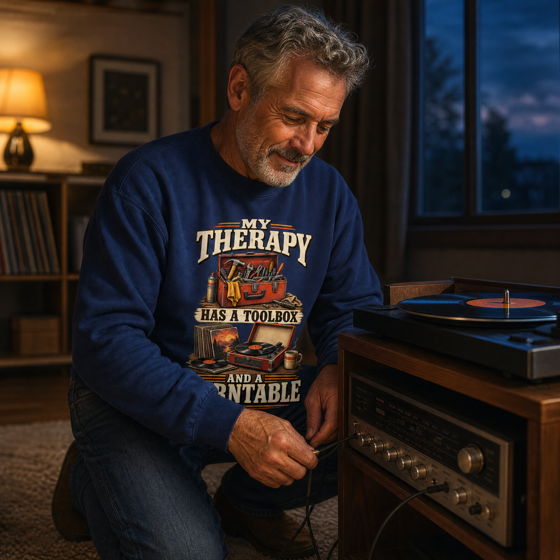 A man kneels on the floor in a cozy, dimly lit room, connecting an audio cable. He is wearing a navy blue crewneck sweatshirt with a graphic print that reads 'MY THERAPY HAS A TOOLBOX '.