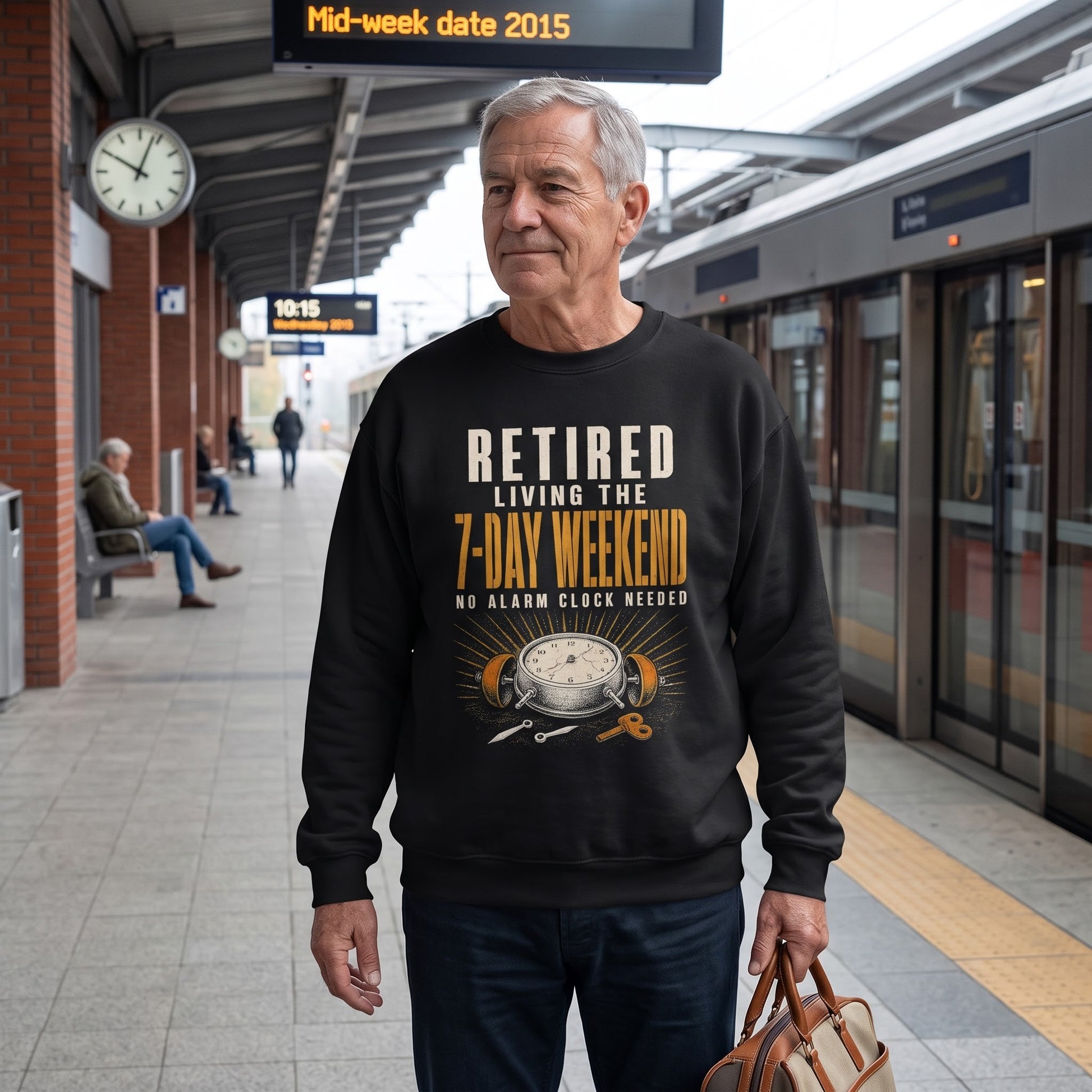 Model wearing black sweatshirt with Retired. Living the 7-Day Weekend. No Alarm Clock printed graphic