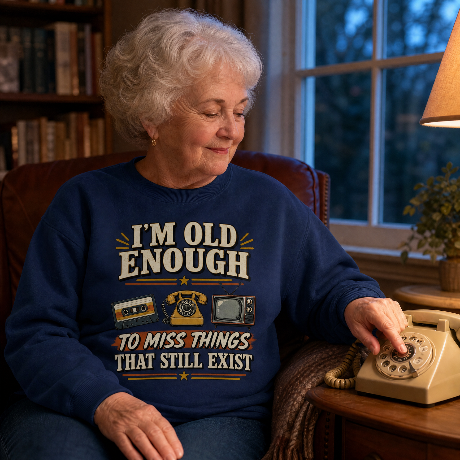 An older woman sitting in a cozy armchair by a window, wearing a navy blue sweatshirt with the text 'I'M OLD ENOUGH TO MISS THINGS THAT STILL EXIST' and retro illustrations. She is touching a vintage cream rotary telephone on a wooden table.
