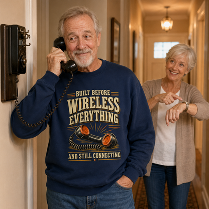 An older man wearing a navy blue crewneck sweatshirt with a vintage-style graphic that reads 'BUILT BEFORE WIRELESS EVERYTHING AND STILL CONNECTING' while talking to a wall phone. An older woman stands in a hallway behind him, smiling and gesturing toward the product.