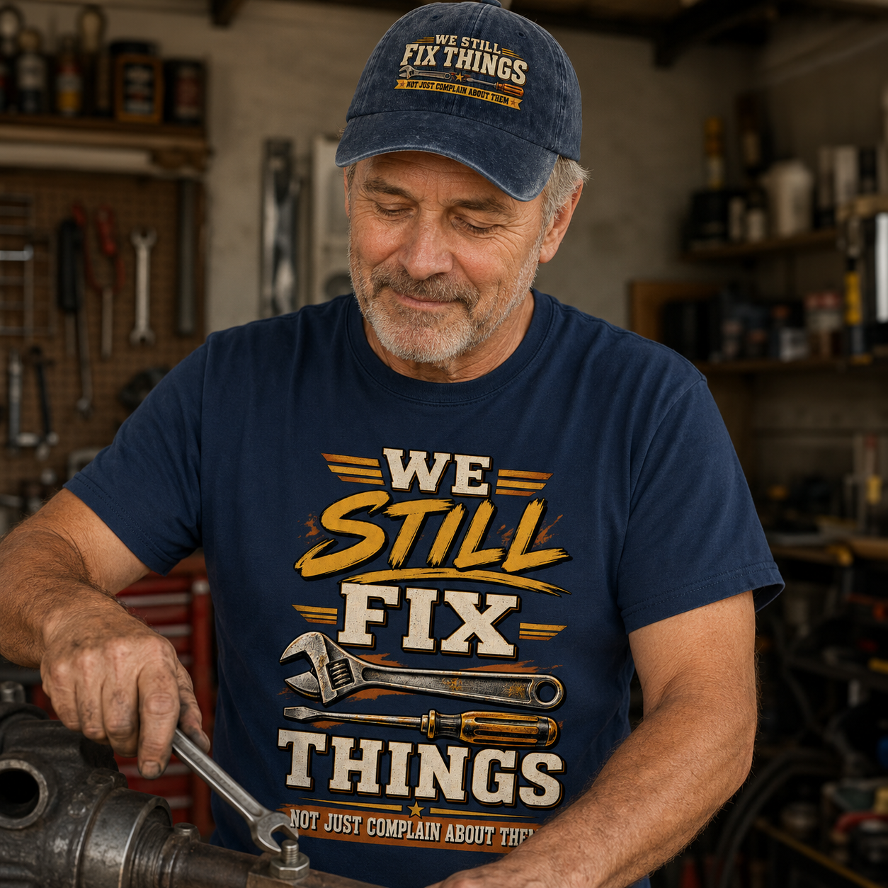 An older man in a workshop wearing a navy blue t-shirt and matching baseball cap, both printed with the slogan 'WE STILL FIX THINGS NOT JUST COMPLAIN ABOUT THEM' in yellow and white text with wrench graphics.