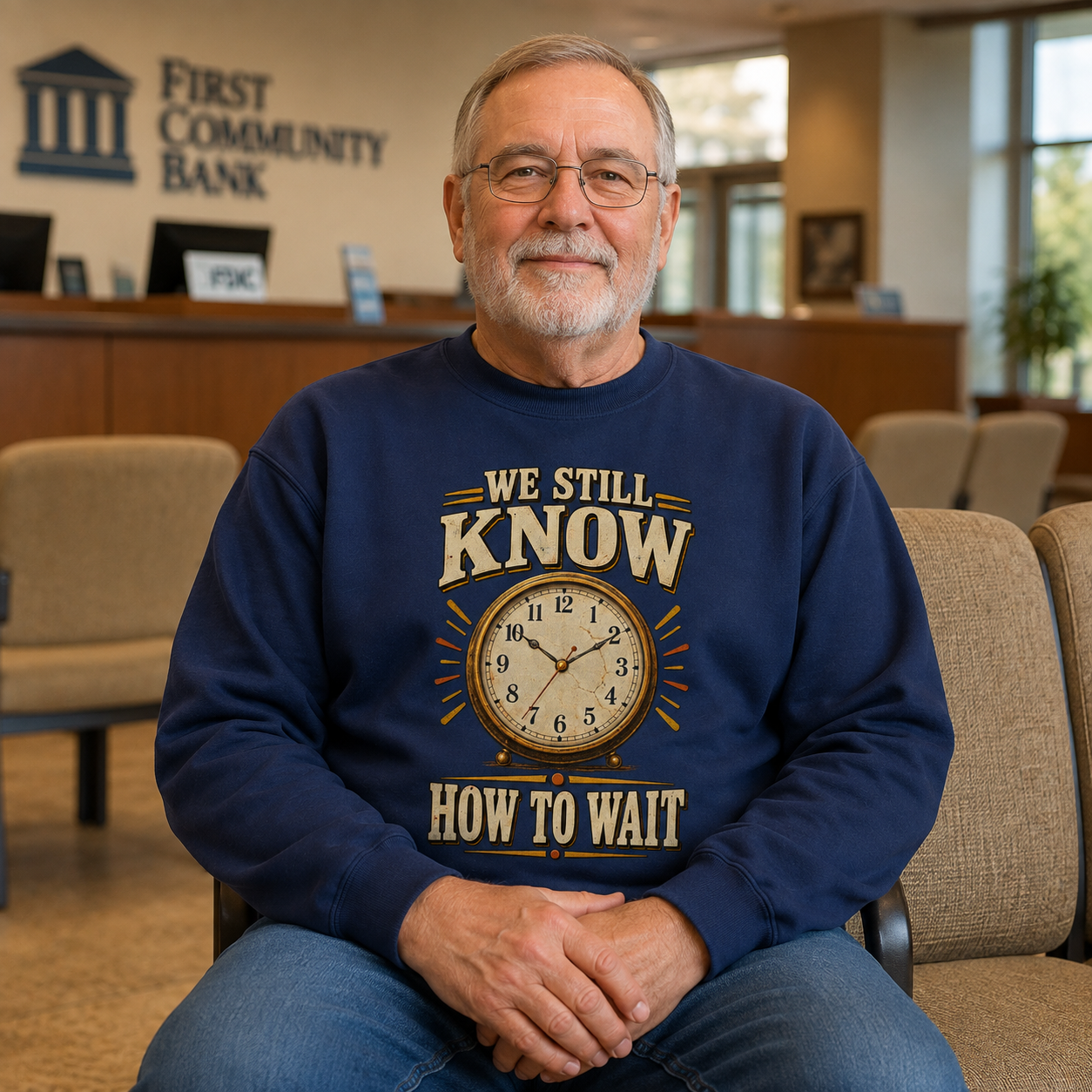An older man with glasses and a gray beard sits in a bank lobby wearing a navy blue sweatshirt with a graphic that reads 'WE STILL KNOW HOW TO WAIT' around a clock illustration. The background shows a First Community Bank sign on the wall and beige chairs.