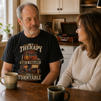 A man wearing a black graphic t-shirt with a toolbox and tools illustration sits at a wooden table talking to a woman in a cozy kitchen setting.