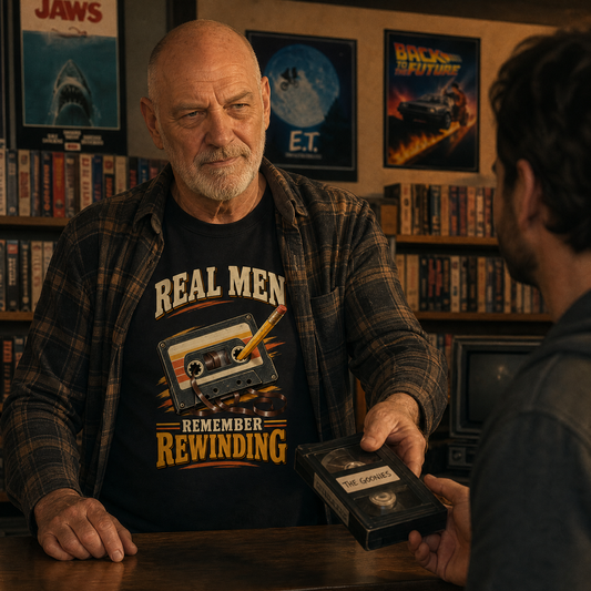 A man in a plaid shirt holds a vintage cassette tape toward another person in a retro-themed room with movie posters on the wall. The man wearing the shirt has a graphic that reads 'REAL MEN REMEMBER REWINDING' with a cassette and pencil design.