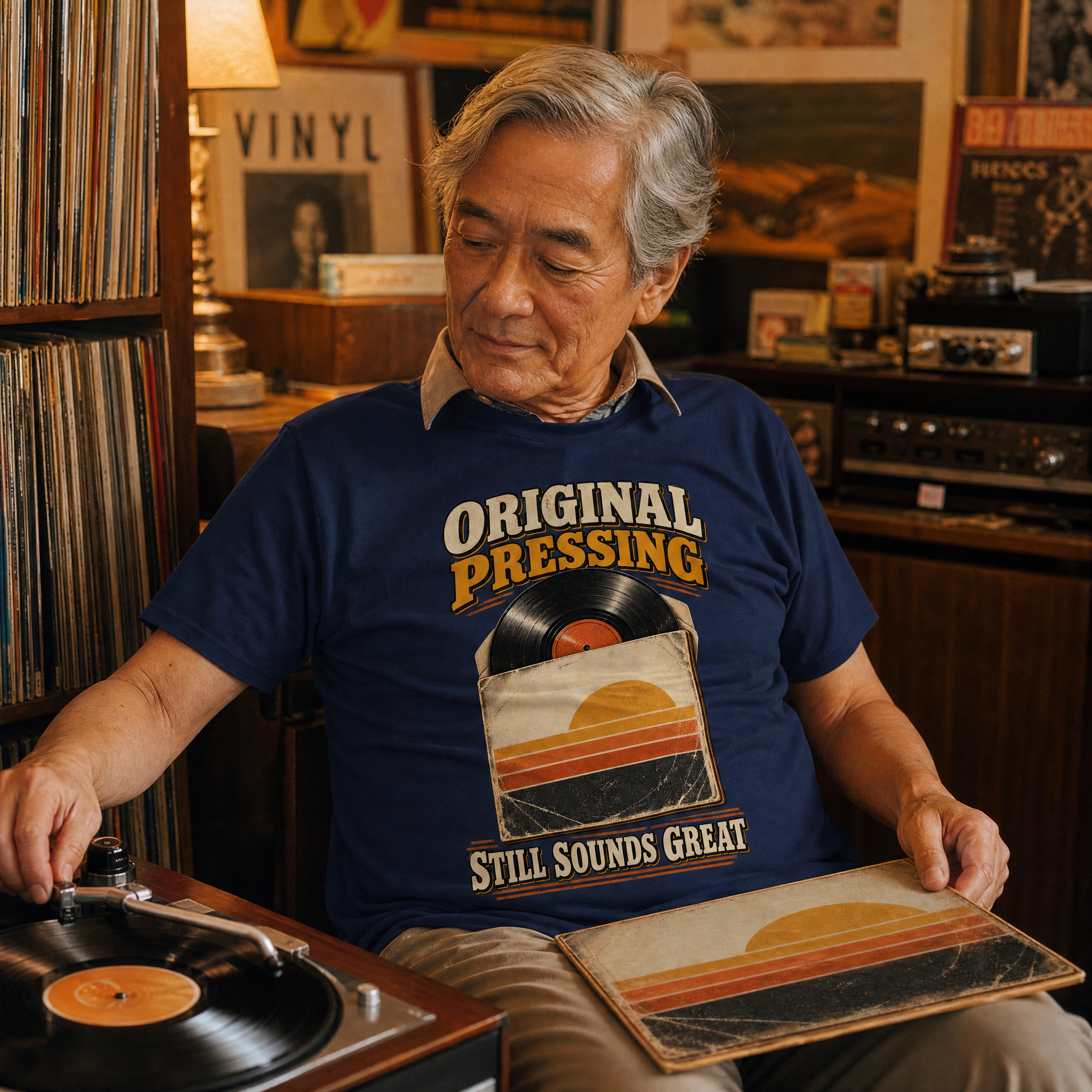An older man sitting in a record store or studio, wearing a navy blue graphic t-shirt that reads 'ORIGINAL PRESSING' and 'STILL SOUNDS GREAT' with a vinyl record and sunset design. He is holding a vinyl record sleeve next to a turntable.