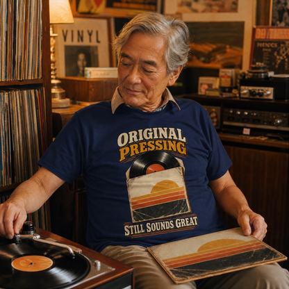 An older man sitting in a record store or studio, wearing a navy blue graphic t-shirt that reads 'ORIGINAL PRESSING' and 'STILL SOUNDS GREAT' with a vinyl record and sunset design. He is holding a vinyl record sleeve next to a turntable.