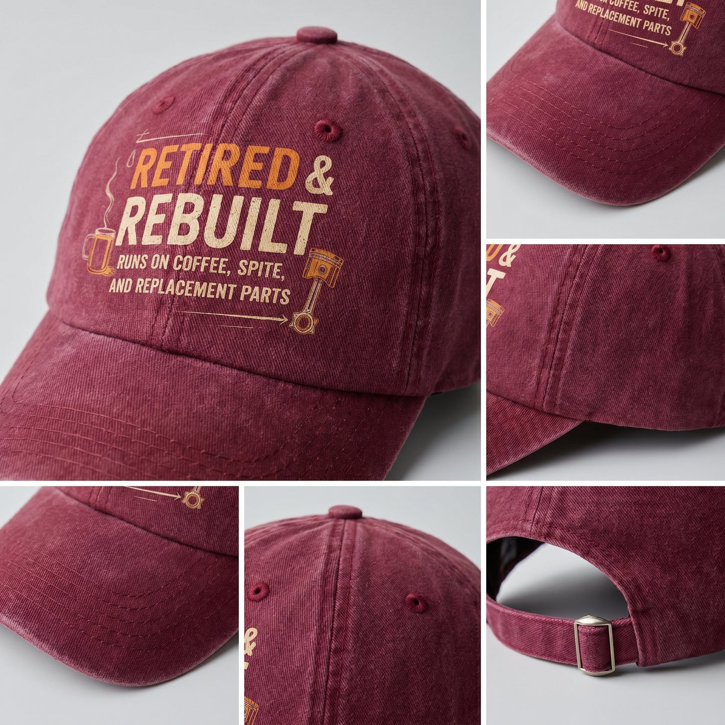 "Retired & Rebuilt. Runs on Coffee, Spite and Replacement Parts" Vintage Washed Cap