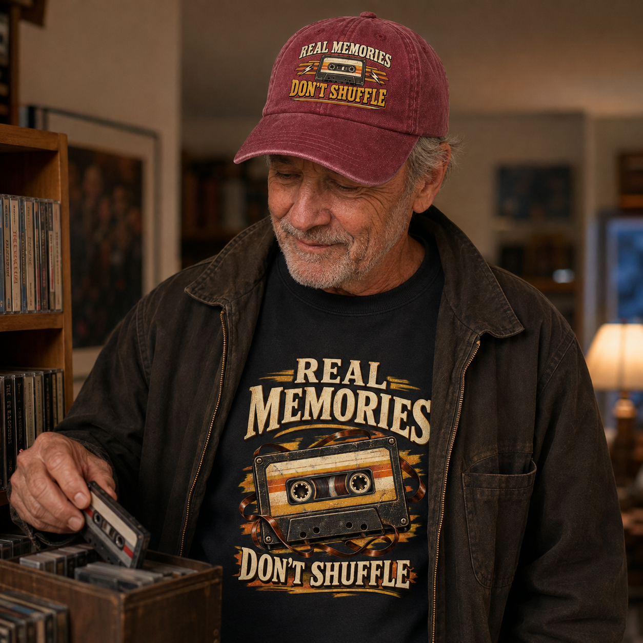 An older man wearing a maroon baseball cap and a black graphic T-shirt with the words 'REAL MEMORIES DON'T SHUFFLE' and a cassette tape design, standing in a room and reaching into a box of cassette tapes.