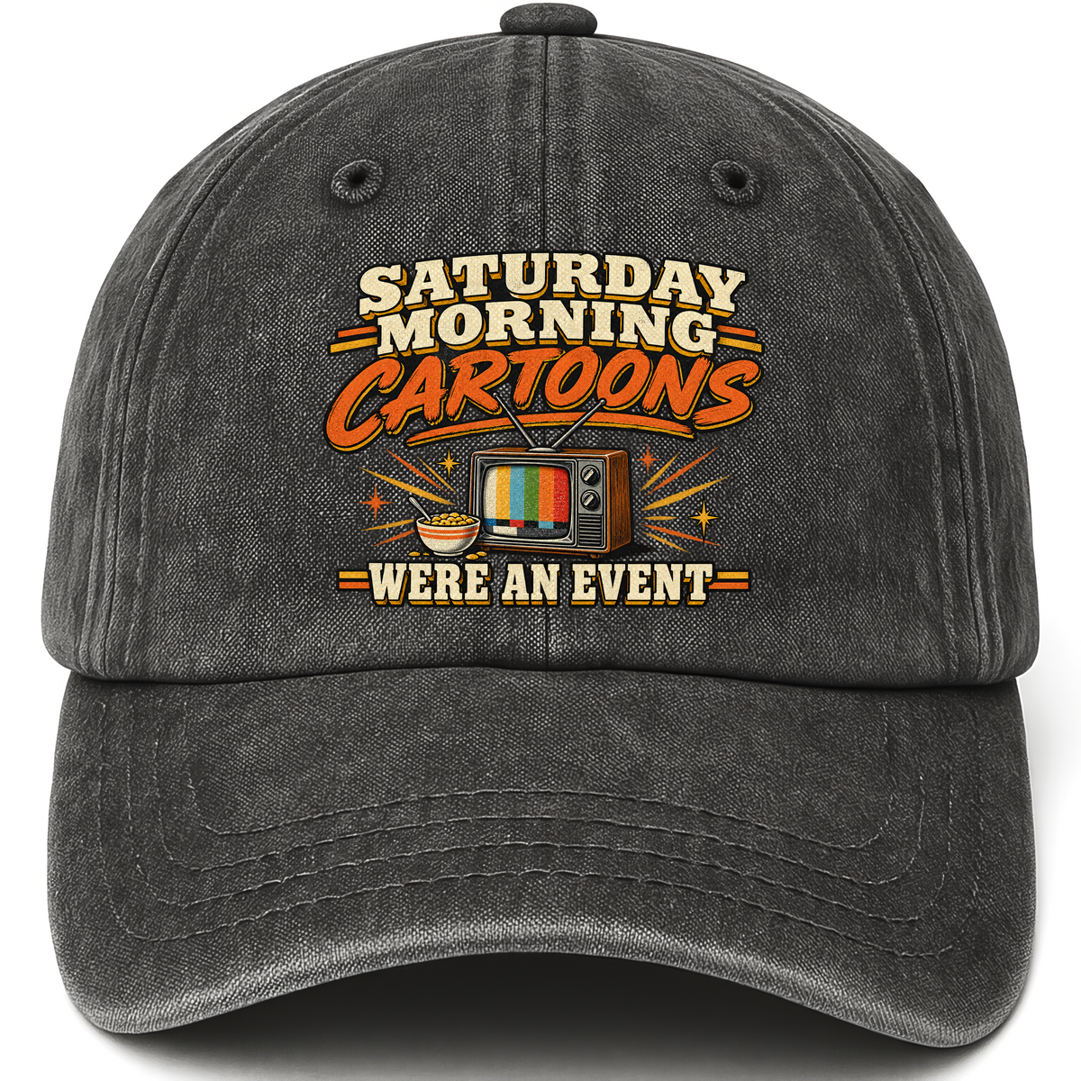 Black vintage washed cap with Saturday Morning Cartoons Were an Event printed front design