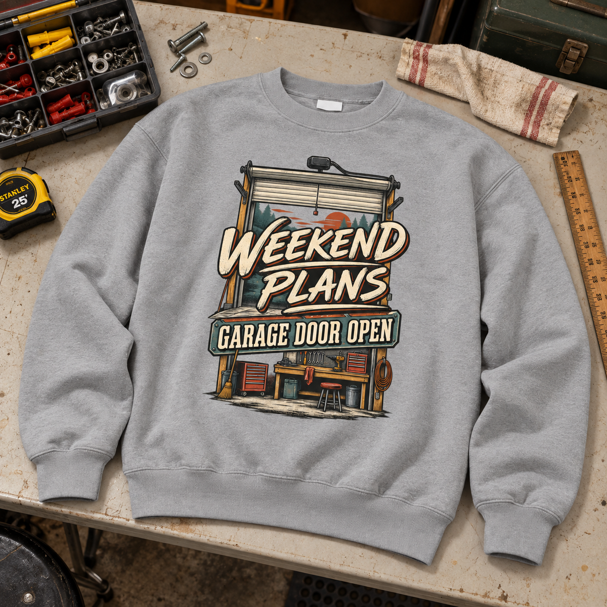 "Weekend Plans. Garage Door Open" Vintage Sweatshirt