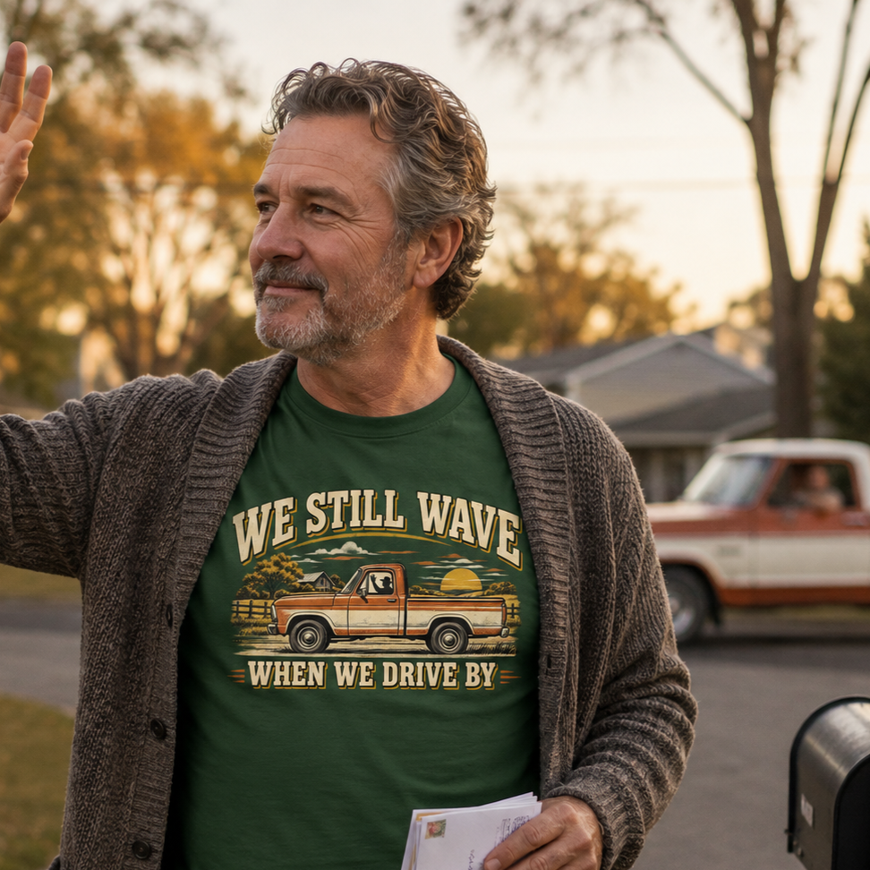 A man wearing a green graphic t-shirt and a brown knit cardigan stands outdoors in a residential neighborhood at sunset. The t-shirt features a retro-style graphic of a pickup truck and the text 'WE STILL WAVE WHEN WE DRIVE BY'.