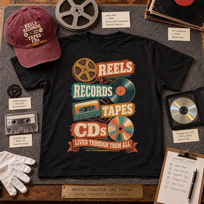 "Reels Records Tapes CDs. Lived Through Them All" Vintage T-Shirt