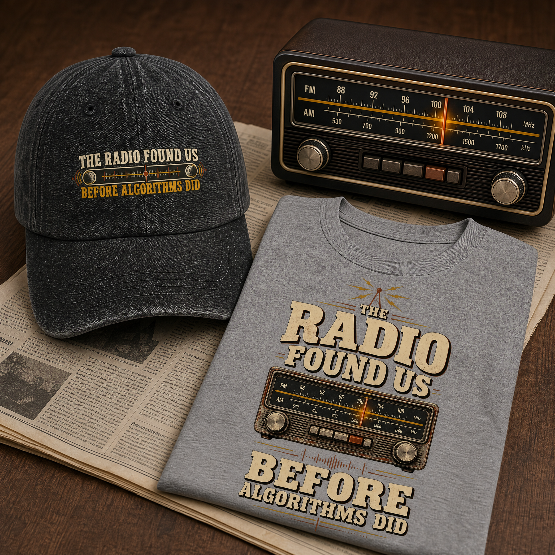 A styled flat-lay featuring a gray graphic T-shirt and a dark gray baseball cap, both printed with the phrase 'THE RADIO FOUND US BEFORE ALGORITHMS DID,' alongside a vintage radio and newspaper on a wooden surface.