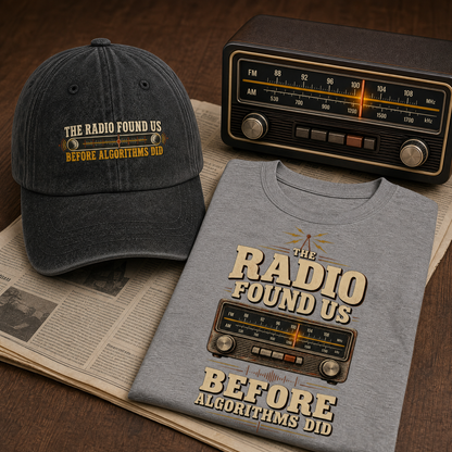 A styled flat-lay featuring a gray graphic T-shirt and a dark gray baseball cap, both printed with the phrase 'THE RADIO FOUND US BEFORE ALGORITHMS DID,' alongside a vintage radio and newspaper on a wooden surface.