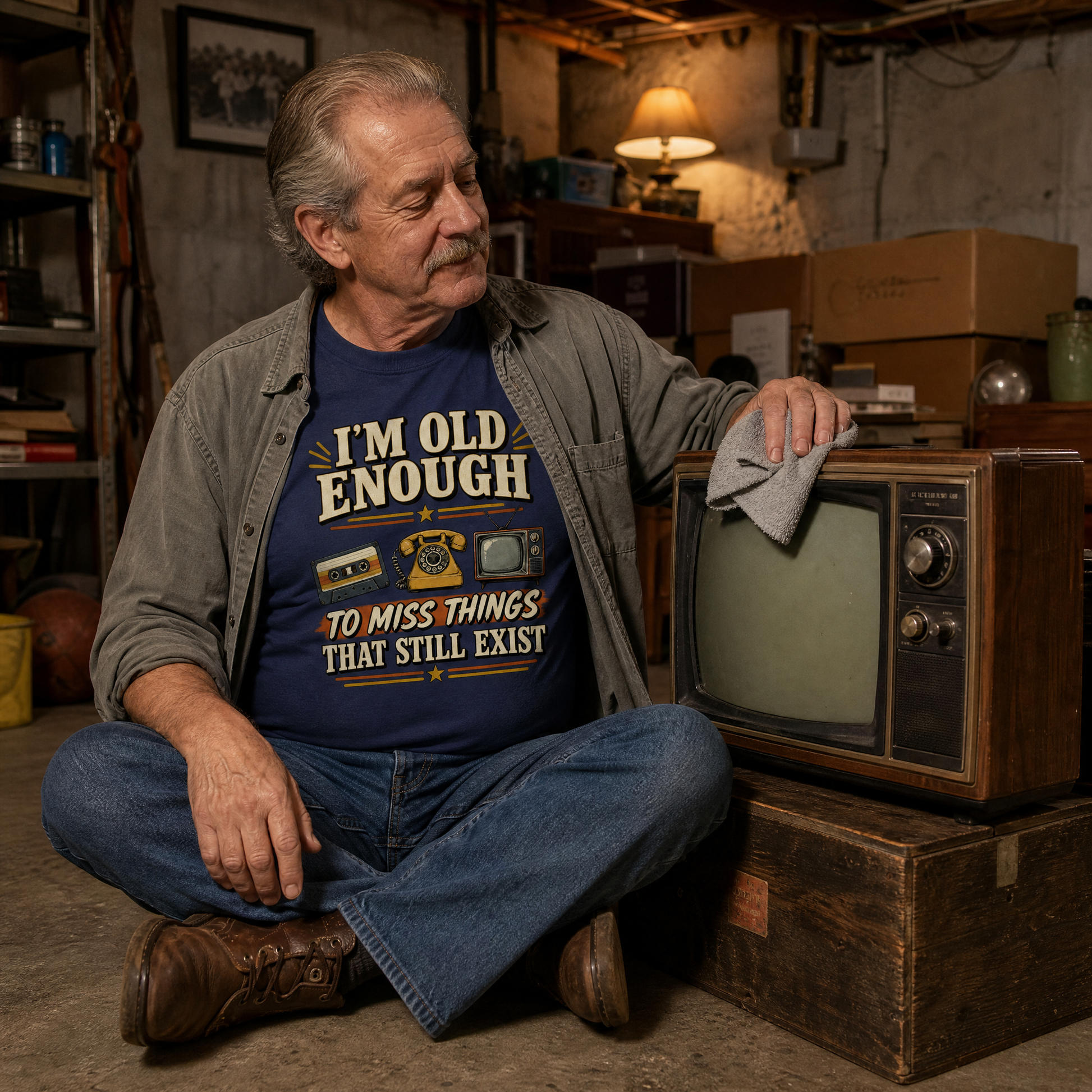 An older man sits cross-legged on a wooden crate in a cluttered basement or garage setting, wearing a navy graphic t-shirt with the text 'I'M OLD ENOUGH TO MISS THINGS THAT STILL EXIST' and a gray button-up shirt. He is holding a cloth next to a vintage television set.