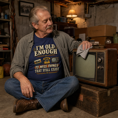 An older man sits cross-legged on a wooden crate in a cluttered basement or garage setting, wearing a navy graphic t-shirt with the text 'I'M OLD ENOUGH TO MISS THINGS THAT STILL EXIST' and a gray button-up shirt. He is holding a cloth next to a vintage television set.
