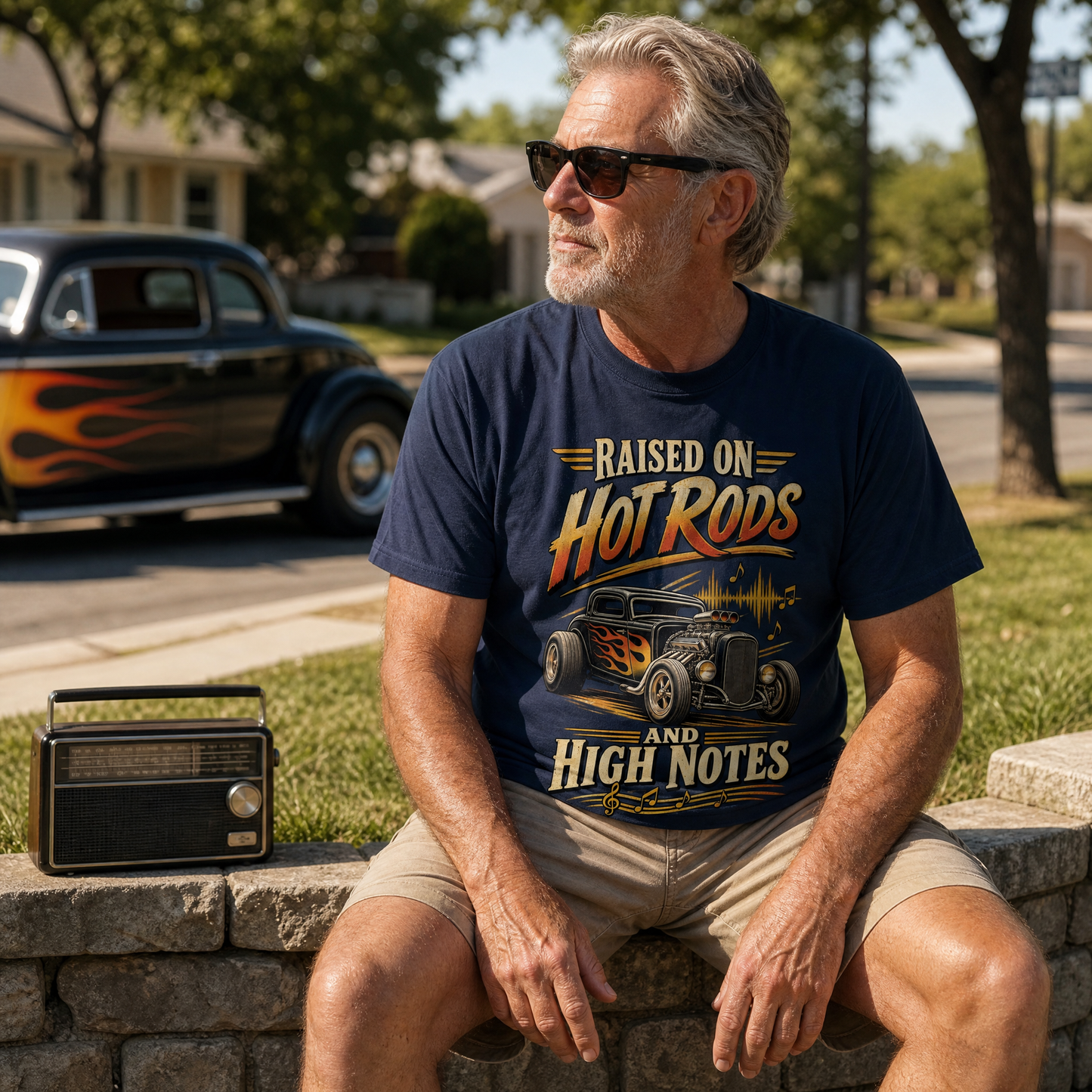 A man wearing a navy blue graphic t-shirt sits on a stone wall outdoors. The shirt features a hot rod car illustration and the text 'RAISED ON Hot RODS AND HIGH NOTES'.